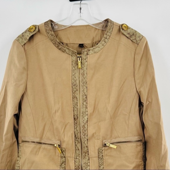 Iman brown safari front zipper dress  long sleeve M animal print trim - Picture 2 of 10